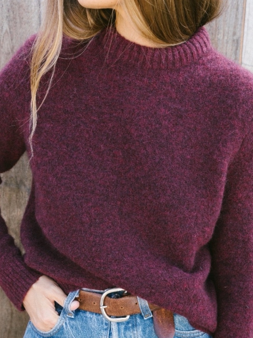 Jenni Kayne Burgundy Wool Alpaca Puffy Crewneck Sweater XS Wine